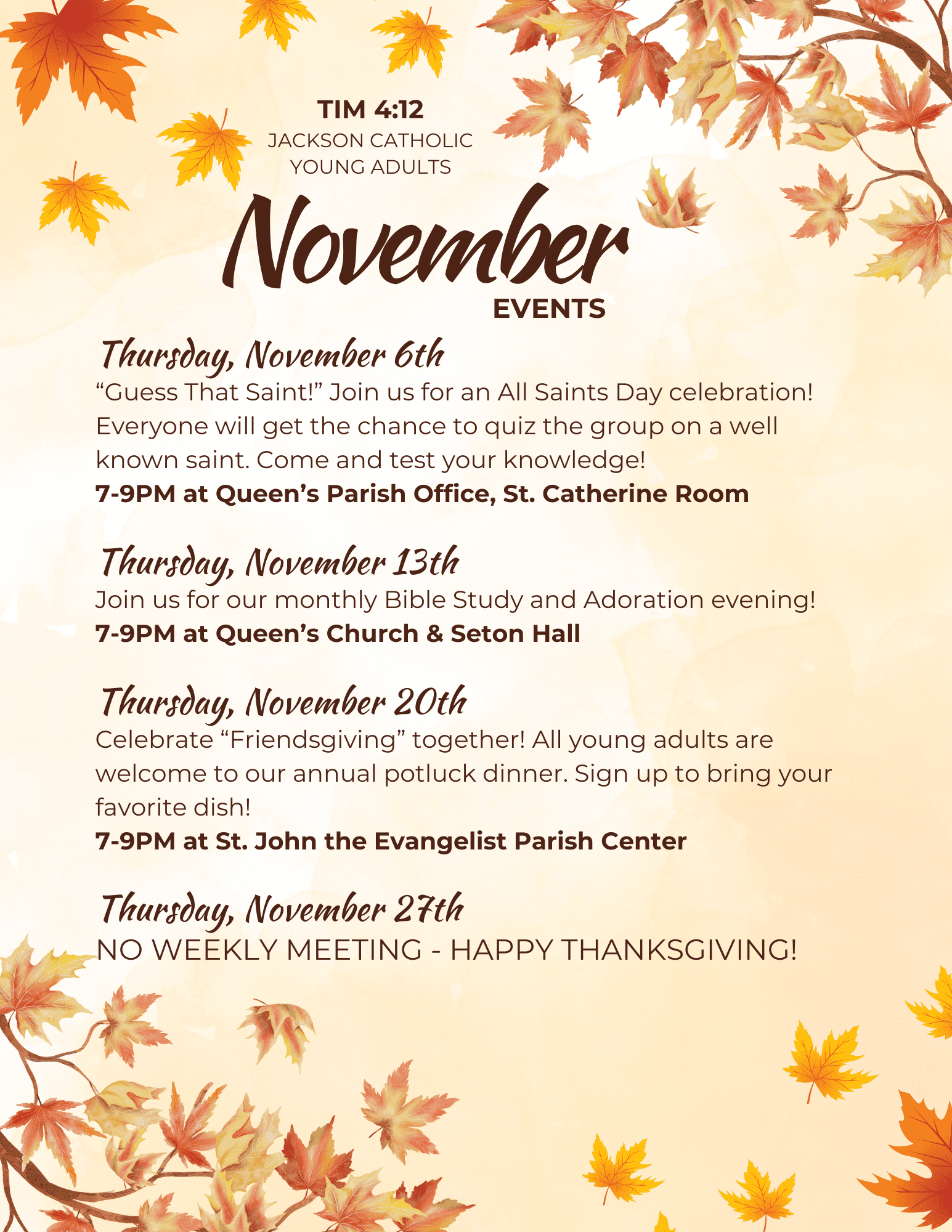 TIM 4:12 Presents: Jackson Catholic Young Adults – November Events