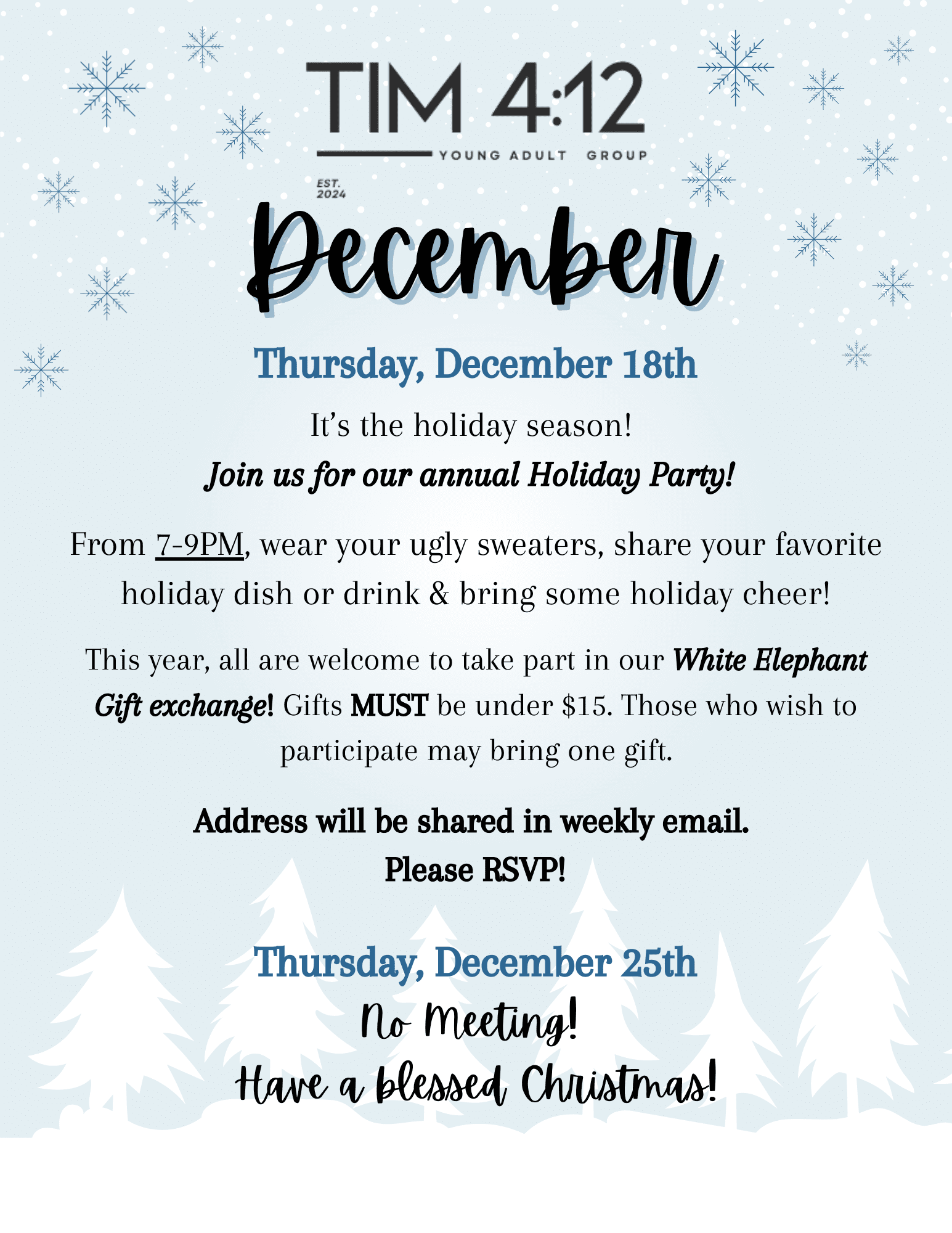 TIM 4:12 Young Adult Group – Holiday Schedule & Party