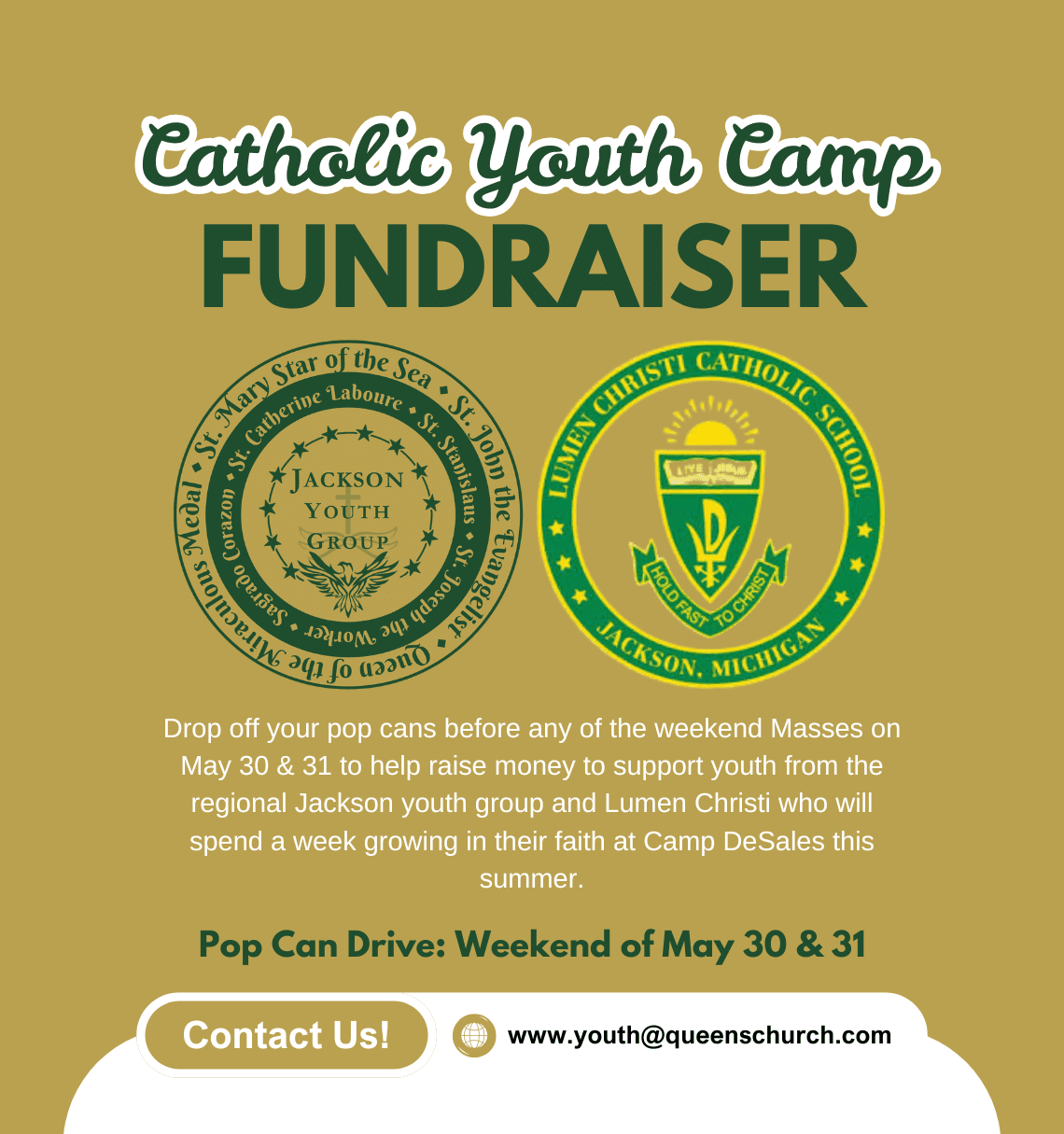 Catholic Youth Camp Fundraiser – Pop Can Drive Supporting Jackson Youth Group May 30 & 31