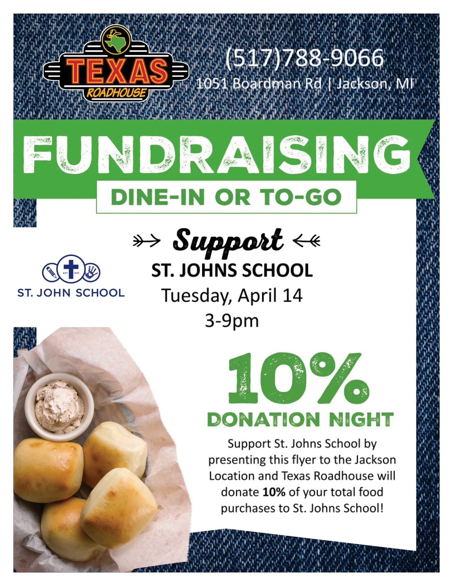 St. John School, Texas Roadhouse Fundraiser, Tuesday April 14, 2026 at 3:00pm to 9:00pm